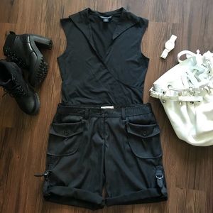 2-piece outfit: Navy top and pinstripe shorts